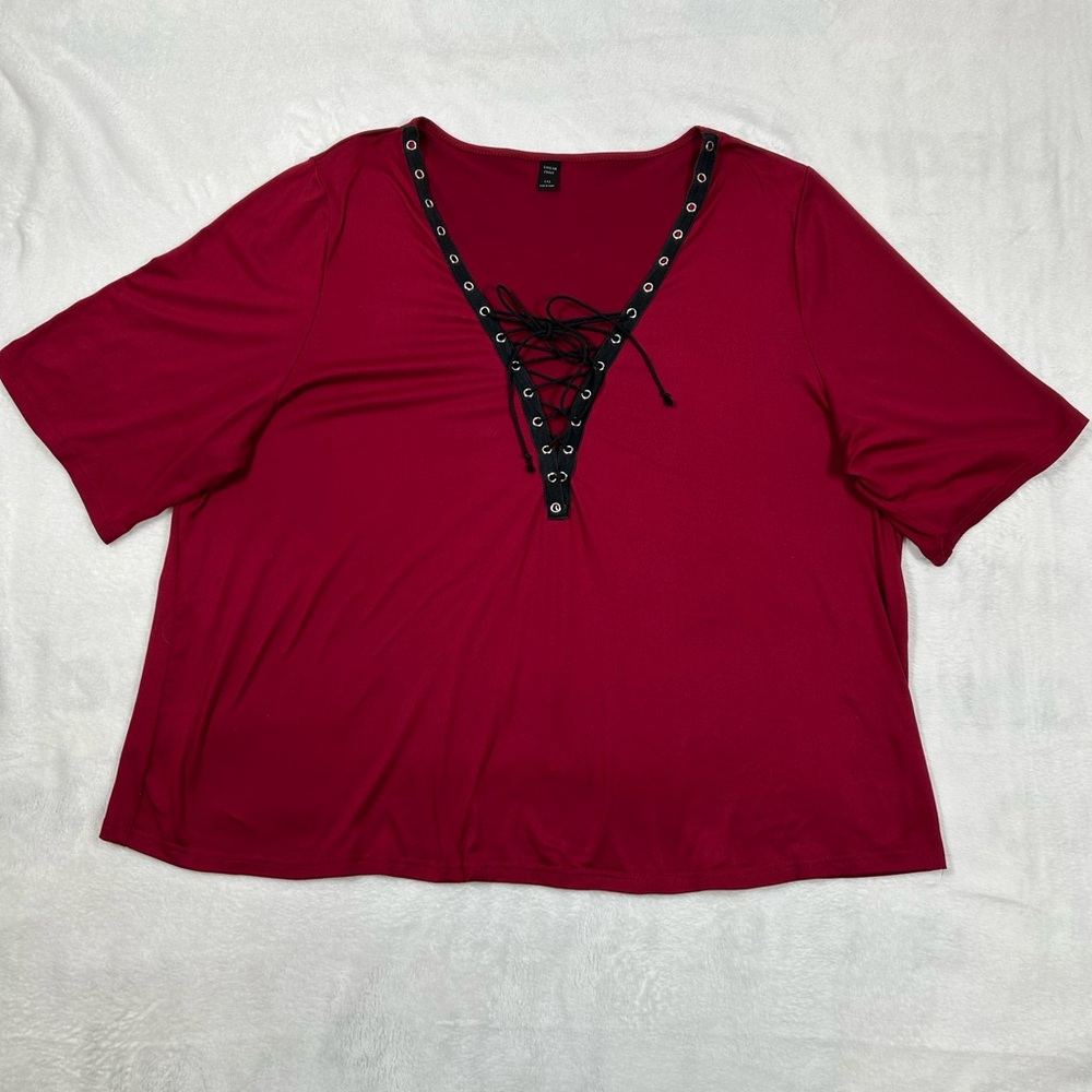 SHEIN Curve Lace Up Top Women’s 4XL Dark Pink Red Black Tie Front Cotton
